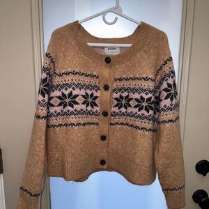 Old Navy Women's Tan Sweater with Black and Pink Holiday Pattern